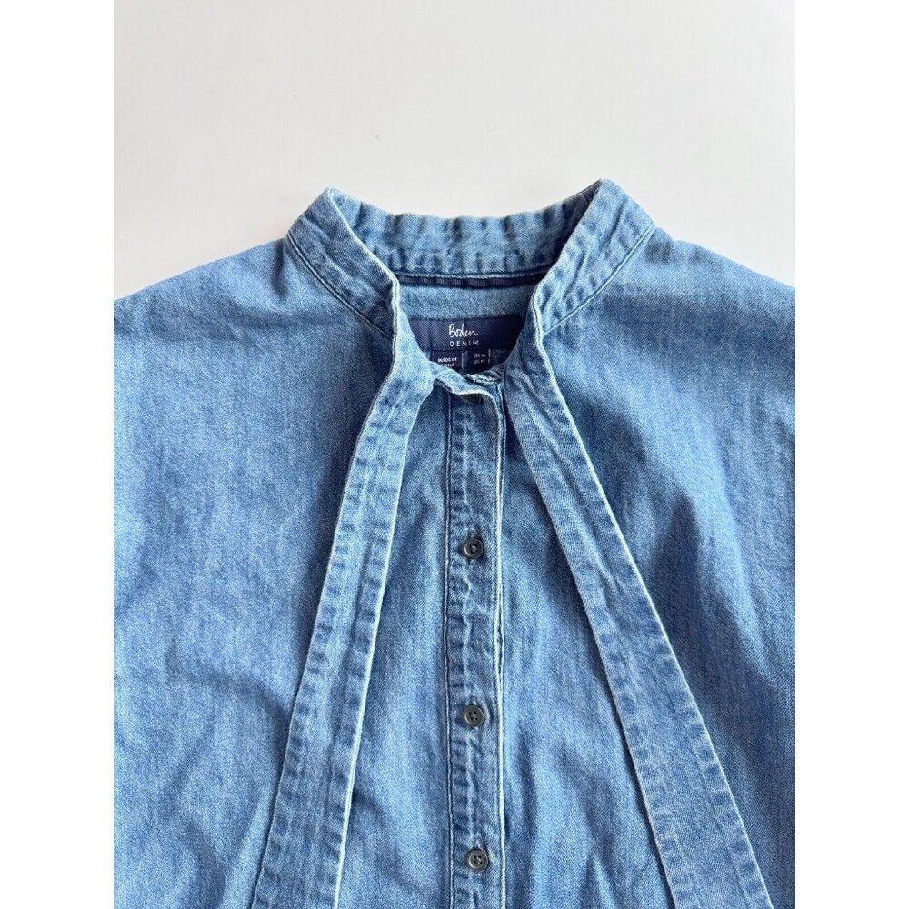 BODEN Fiona Indigo Cotton Denim Tie Neck Button Down Shirt Top, Size 12 - Picture 9 of 15